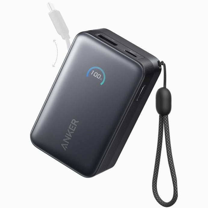 Compact Anker Nano 10000mAh power bank with built-in retractable USB-C cable